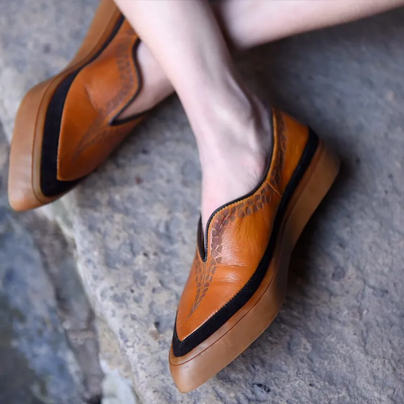Original Retro Flat Sole Comfortable Casual Shoes Pointed Toe Genuine Leather Handmade Women's Shoes Fashionable Flats