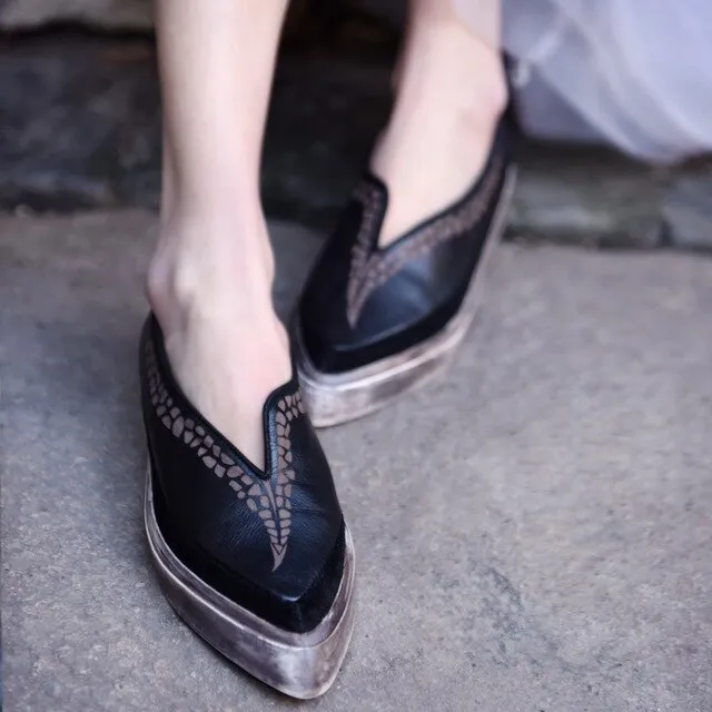 Original Retro Flat Sole Comfortable Casual Shoes Pointed Toe Genuine Leather Handmade Women's Shoes Fashionable Flats