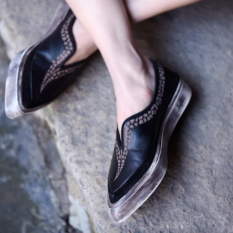 Original Retro Flat Sole Comfortable Casual Shoes Pointed Toe Genuine Leather Handmade Women's Shoes Fashionable Flats