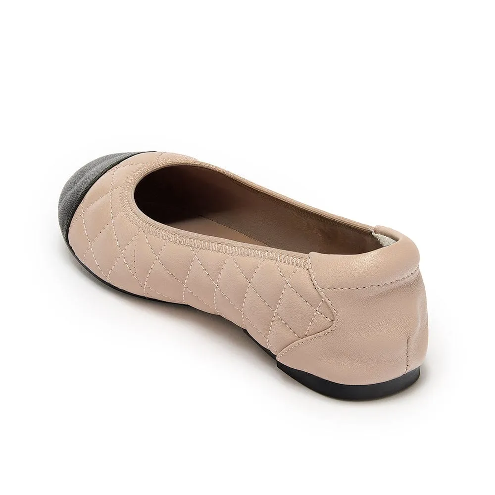 Piccadilly - Quilted Nude Ballet Flat with Black Toe Cap