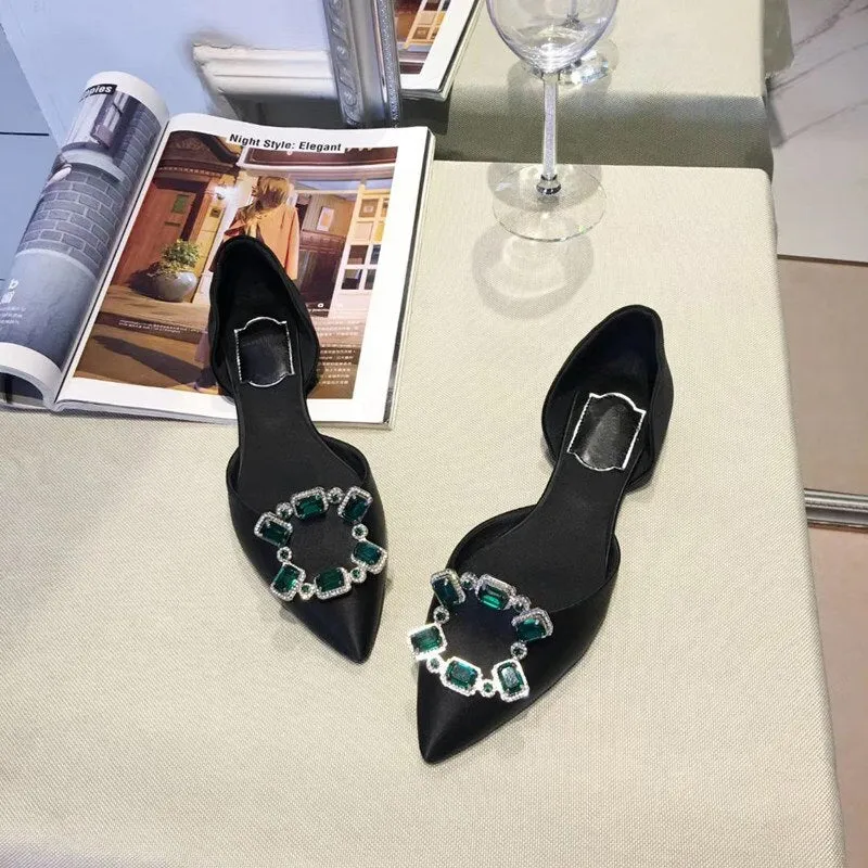 Pointed Toe Square Buckle Rhinestone Flats Casual Shoes Women