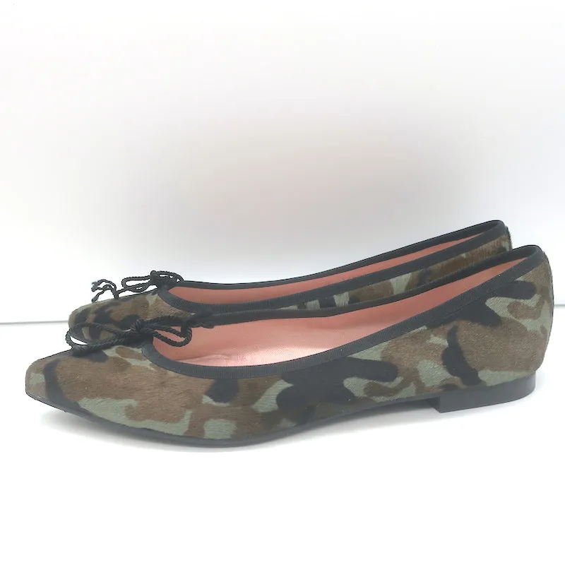 Pretty Ballerinas Pointed Toe Ballet Flats Green Camo Print Pony Hair Size 40