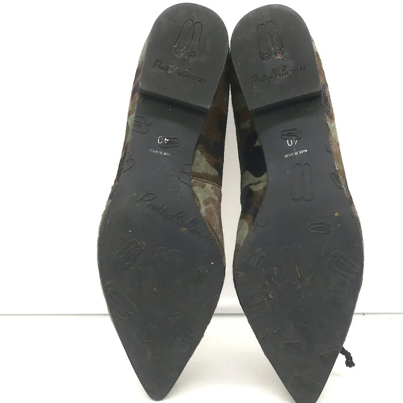 Pretty Ballerinas Pointed Toe Ballet Flats Green Camo Print Pony Hair Size 40