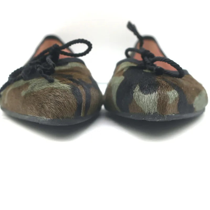 Pretty Ballerinas Pointed Toe Ballet Flats Green Camo Print Pony Hair Size 40