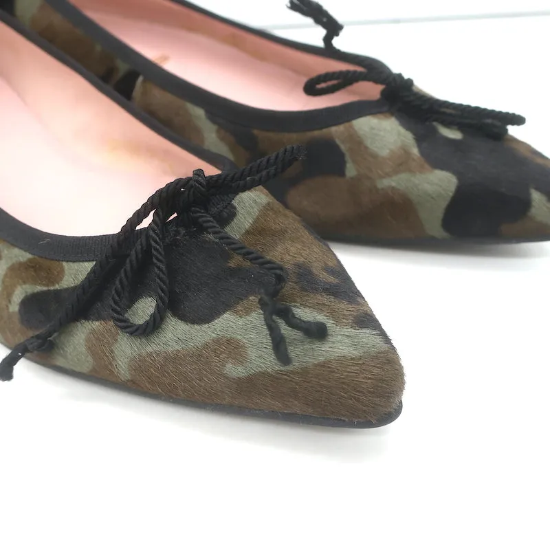 Pretty Ballerinas Pointed Toe Ballet Flats Green Camo Print Pony Hair Size 40