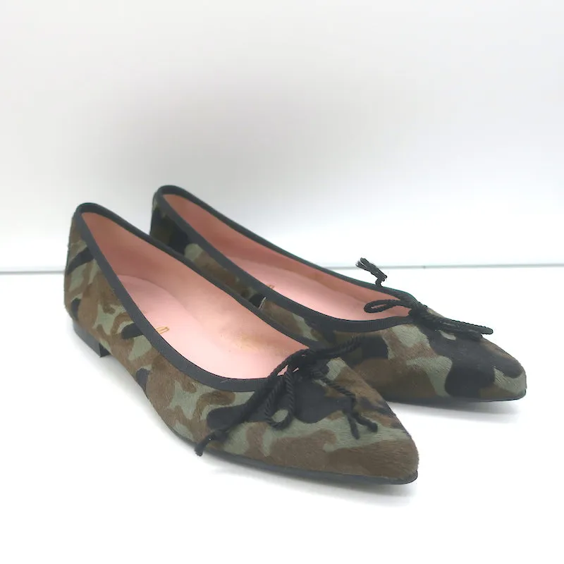 Pretty Ballerinas Pointed Toe Ballet Flats Green Camo Print Pony Hair Size 40