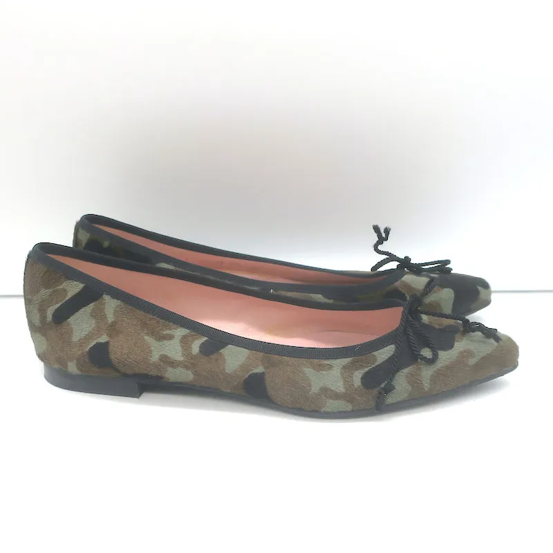 Pretty Ballerinas Pointed Toe Ballet Flats Green Camo Print Pony Hair Size 40