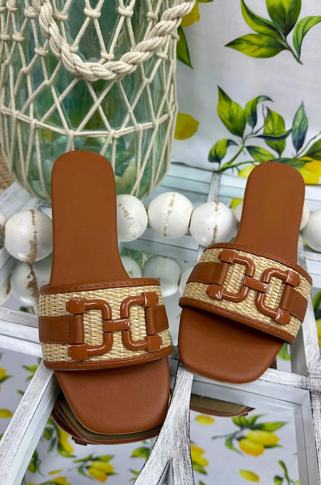 Raffia Square Toe Slip On Sandals