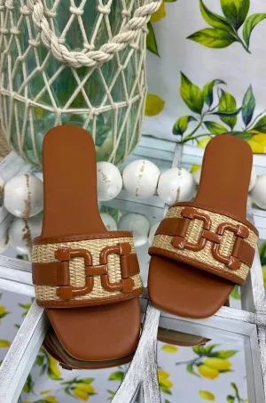 Raffia Square Toe Slip On Sandals