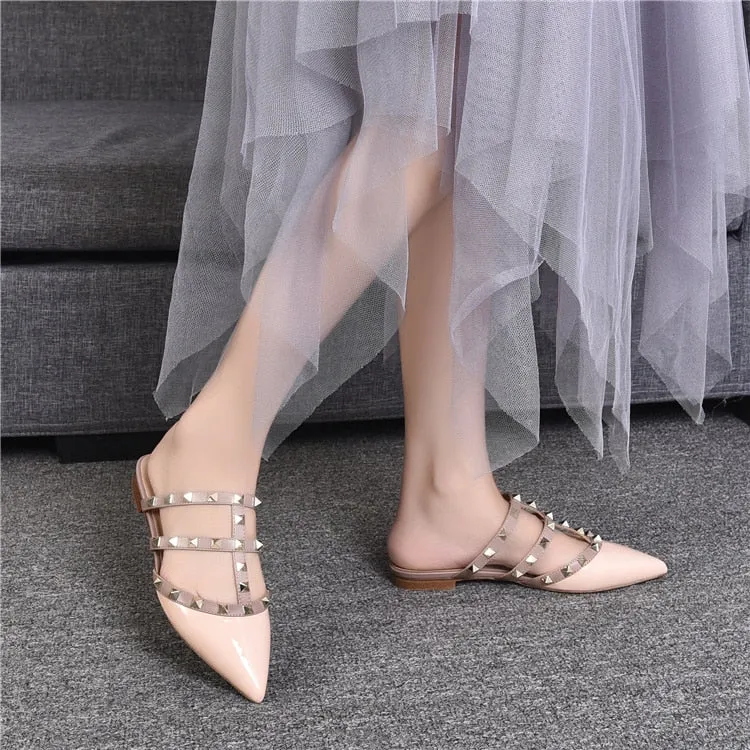 Rivet flat sandals cow leather  women luxury brand shoes female fashion geuine leather  branded leather shoes lady