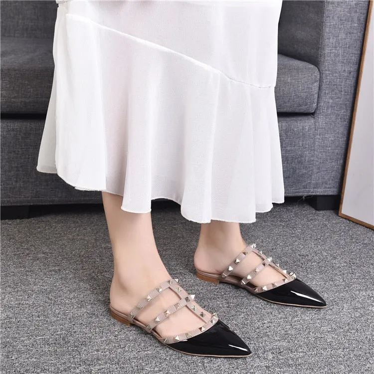 Rivet flat sandals cow leather  women luxury brand shoes female fashion geuine leather  branded leather shoes lady