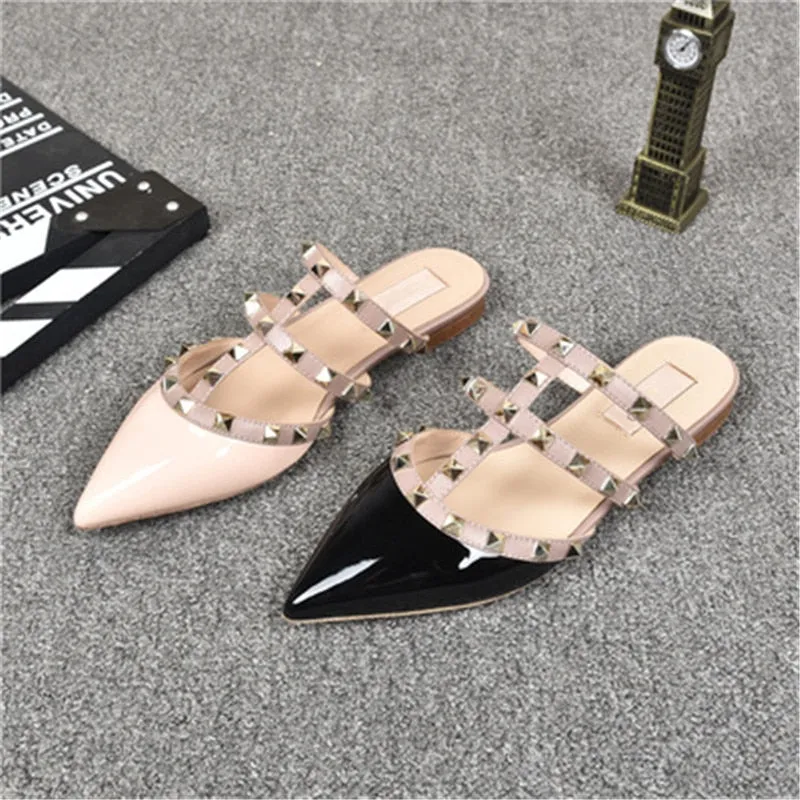 Rivet flat sandals cow leather  women luxury brand shoes female fashion geuine leather  branded leather shoes lady