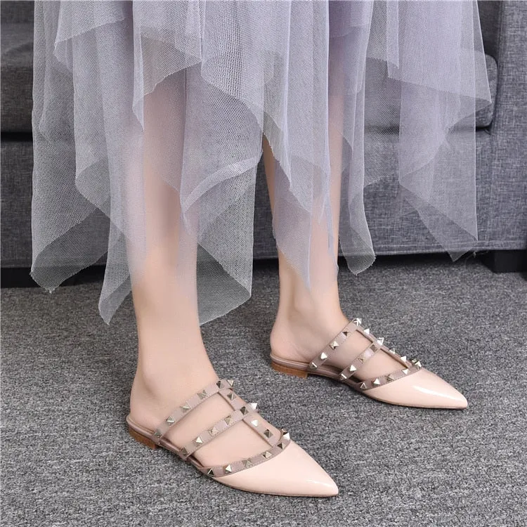 Rivet flat sandals cow leather  women luxury brand shoes female fashion geuine leather  branded leather shoes lady