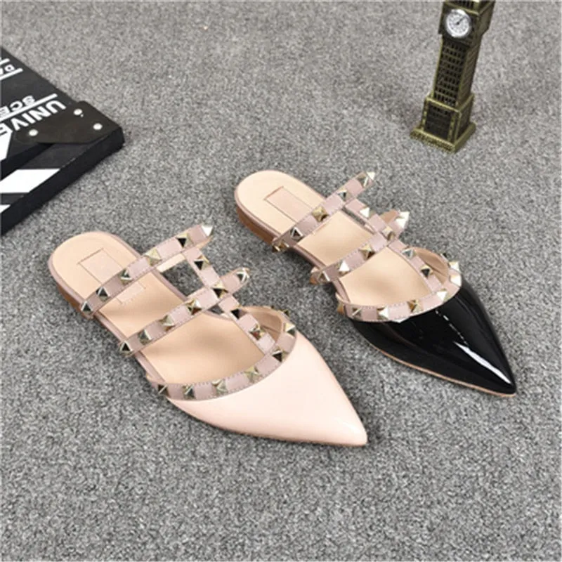 Rivet flat sandals cow leather  women luxury brand shoes female fashion geuine leather  branded leather shoes lady