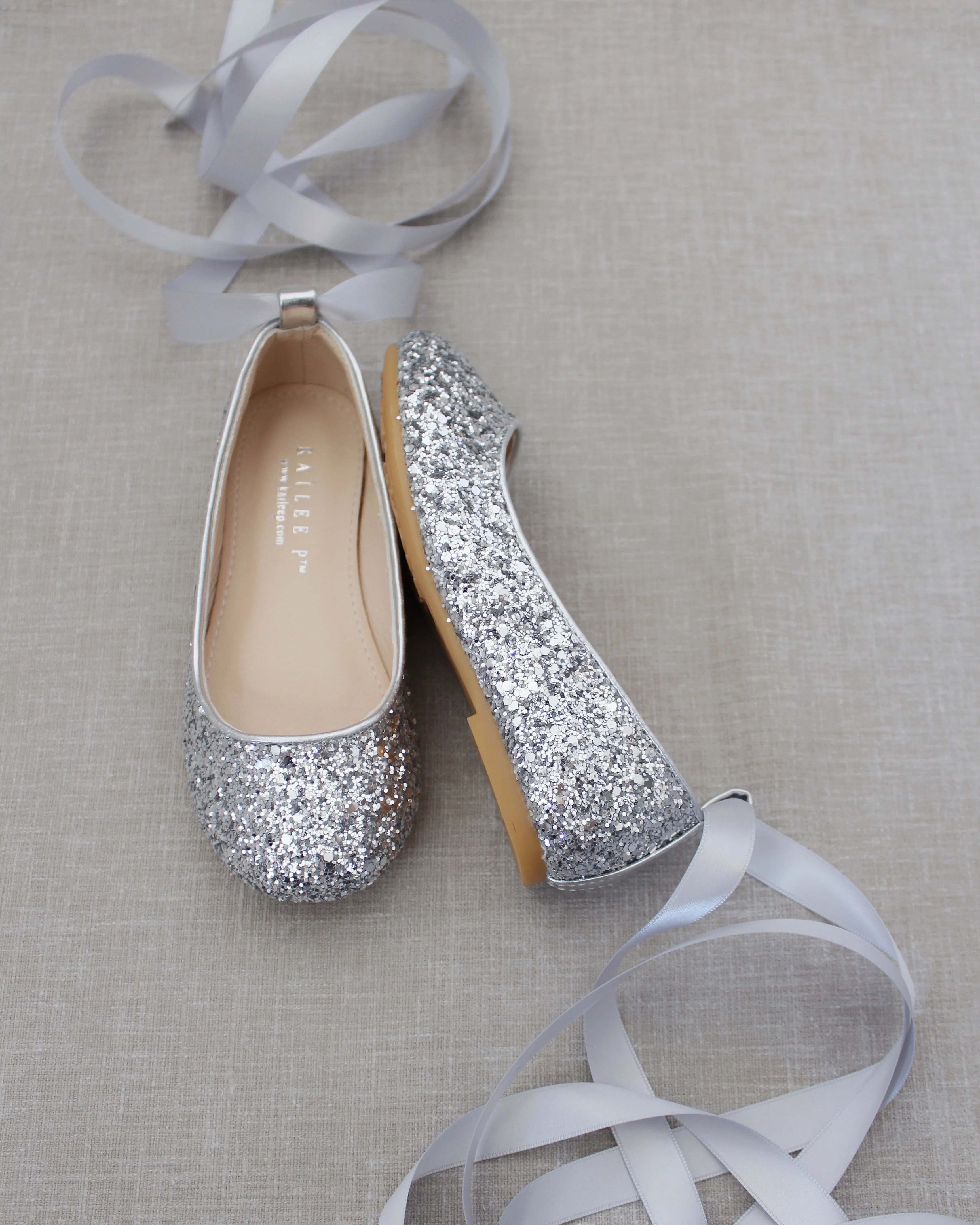 Rock Glitter Ballet Flats With Satin Ankle Strap
