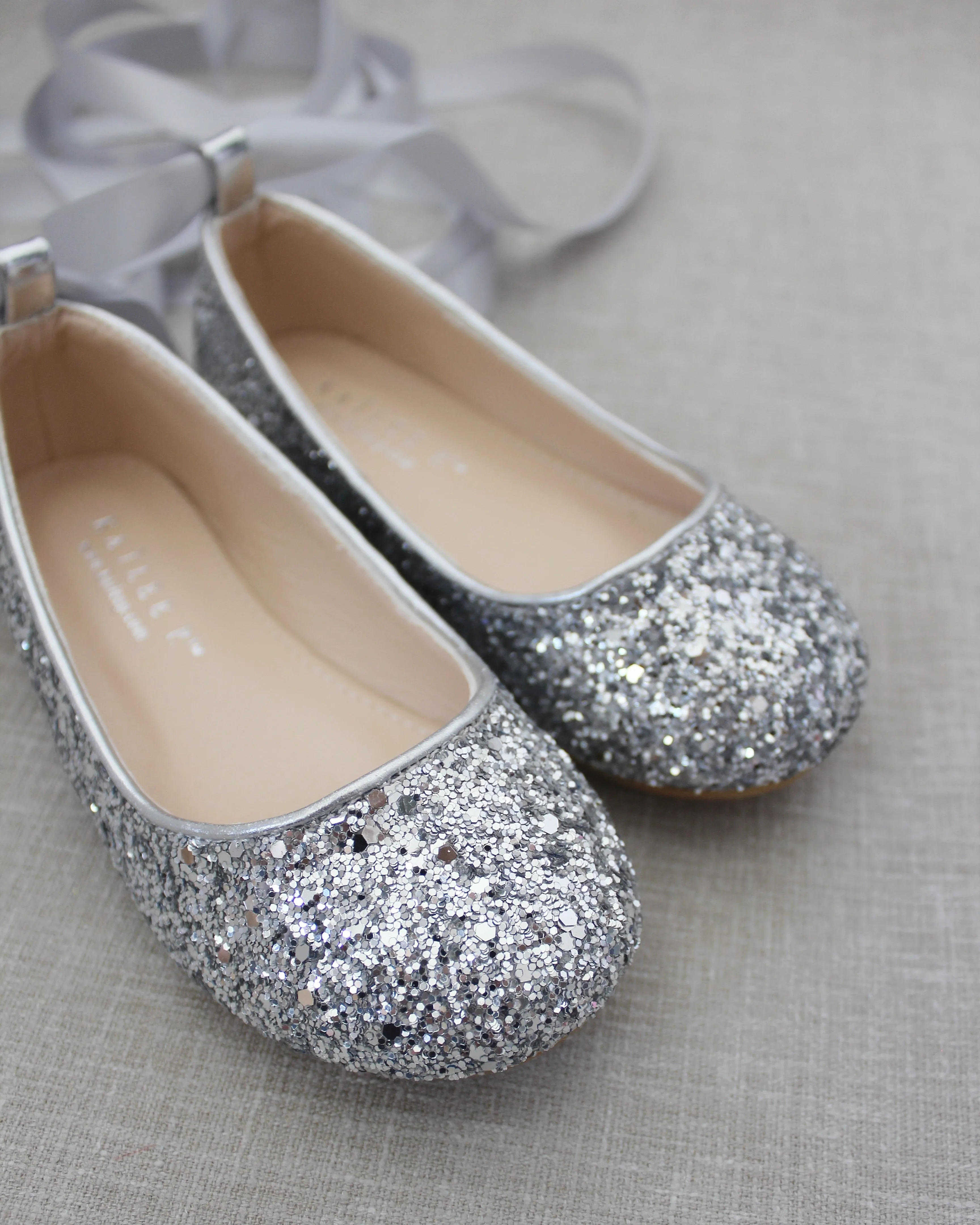 Rock Glitter Ballet Flats With Satin Ankle Strap
