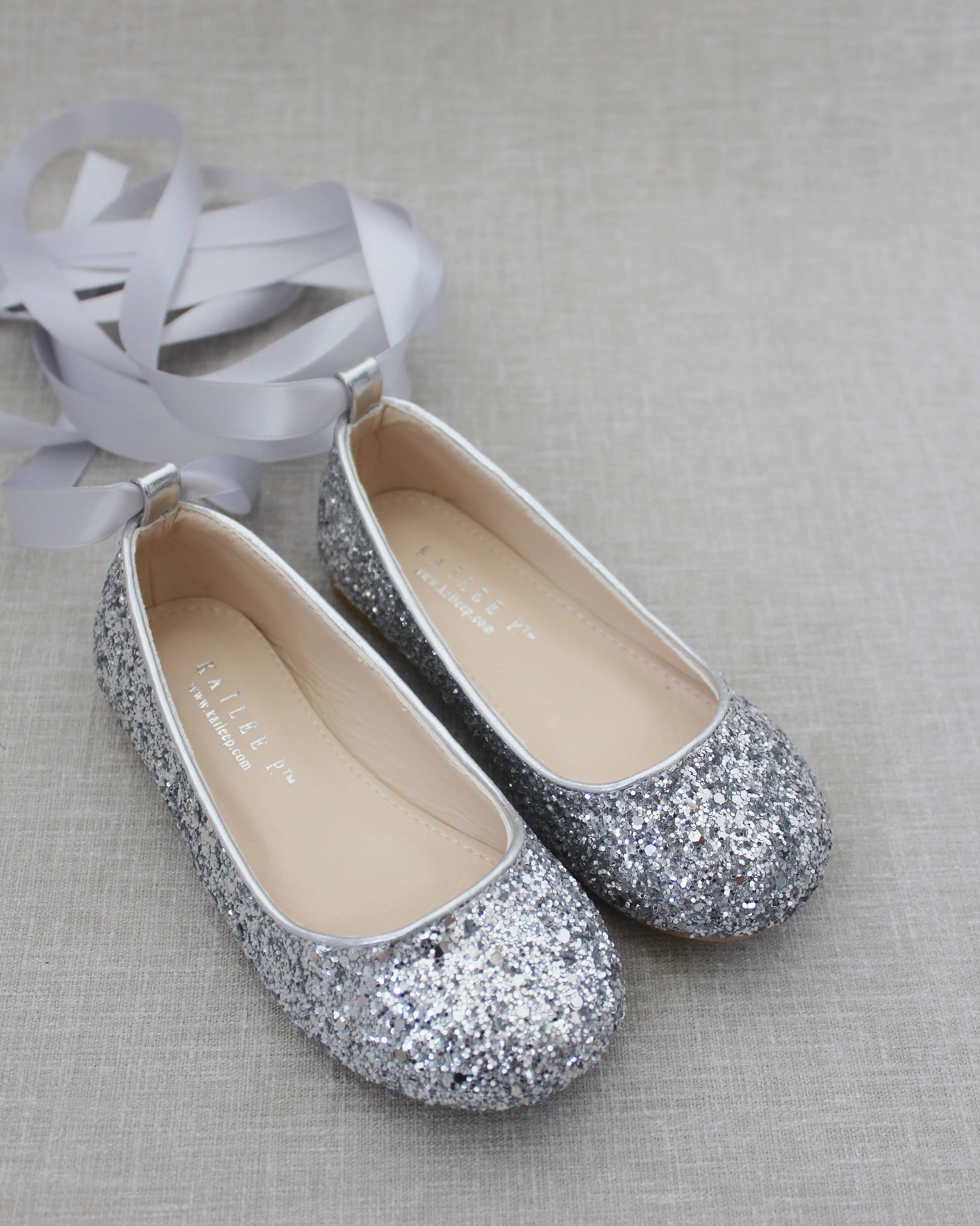 Rock Glitter Ballet Flats With Satin Ankle Strap