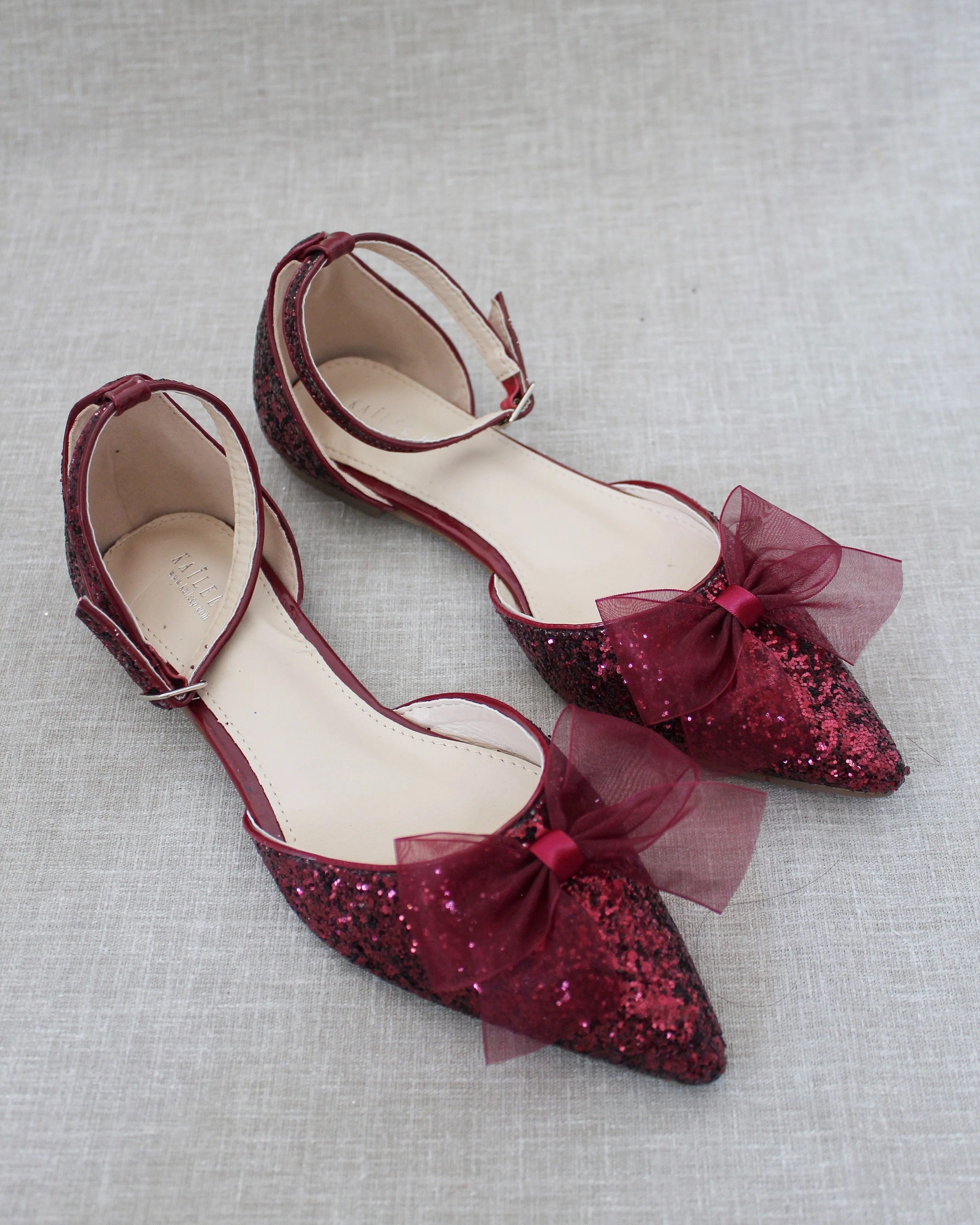 Rock Glitter Pointy Toe Flats with Organza Bow