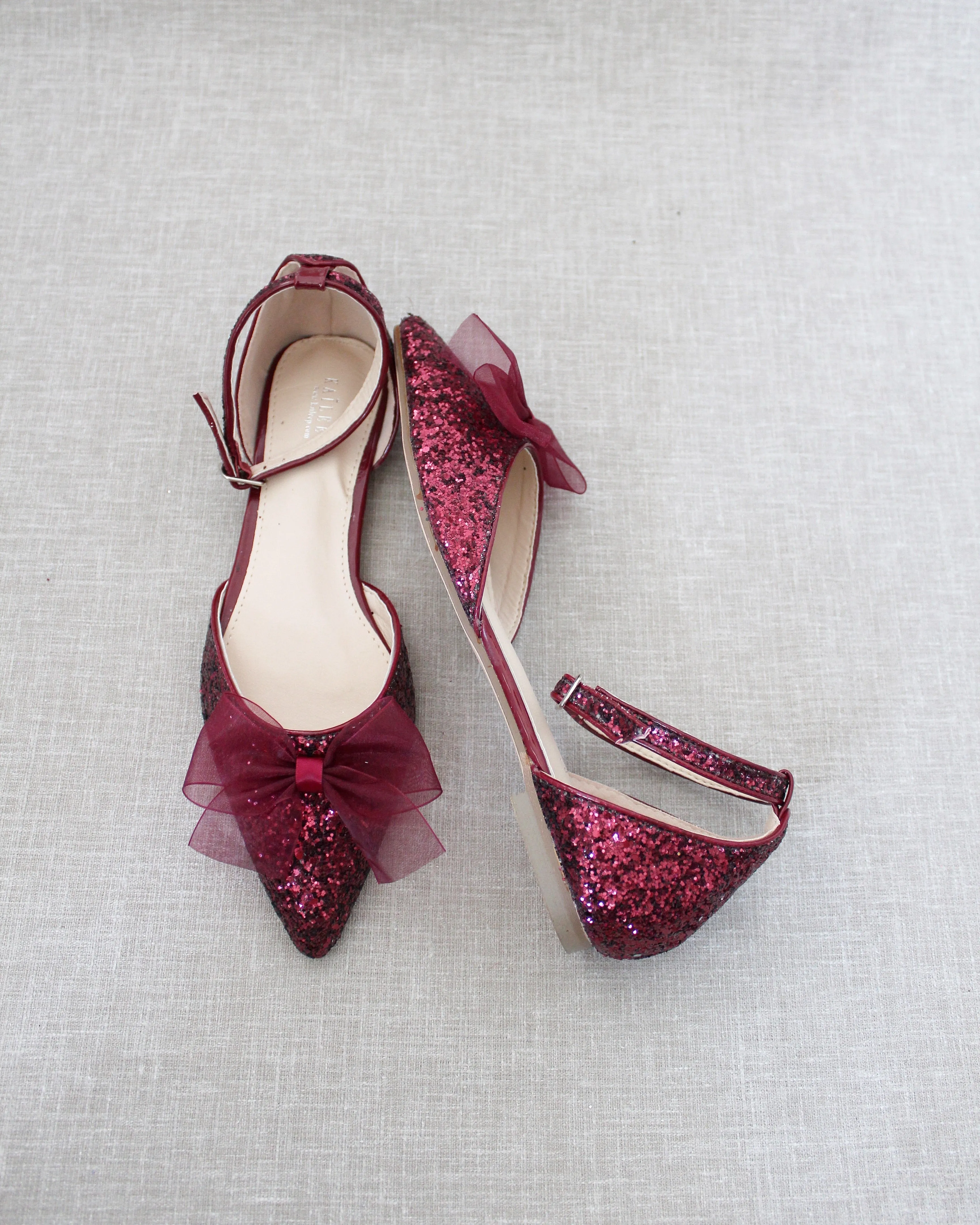 Rock Glitter Pointy Toe Flats with Organza Bow