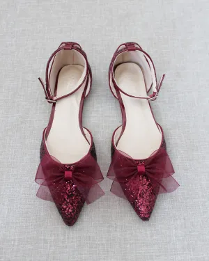 Rock Glitter Pointy Toe Flats with Organza Bow