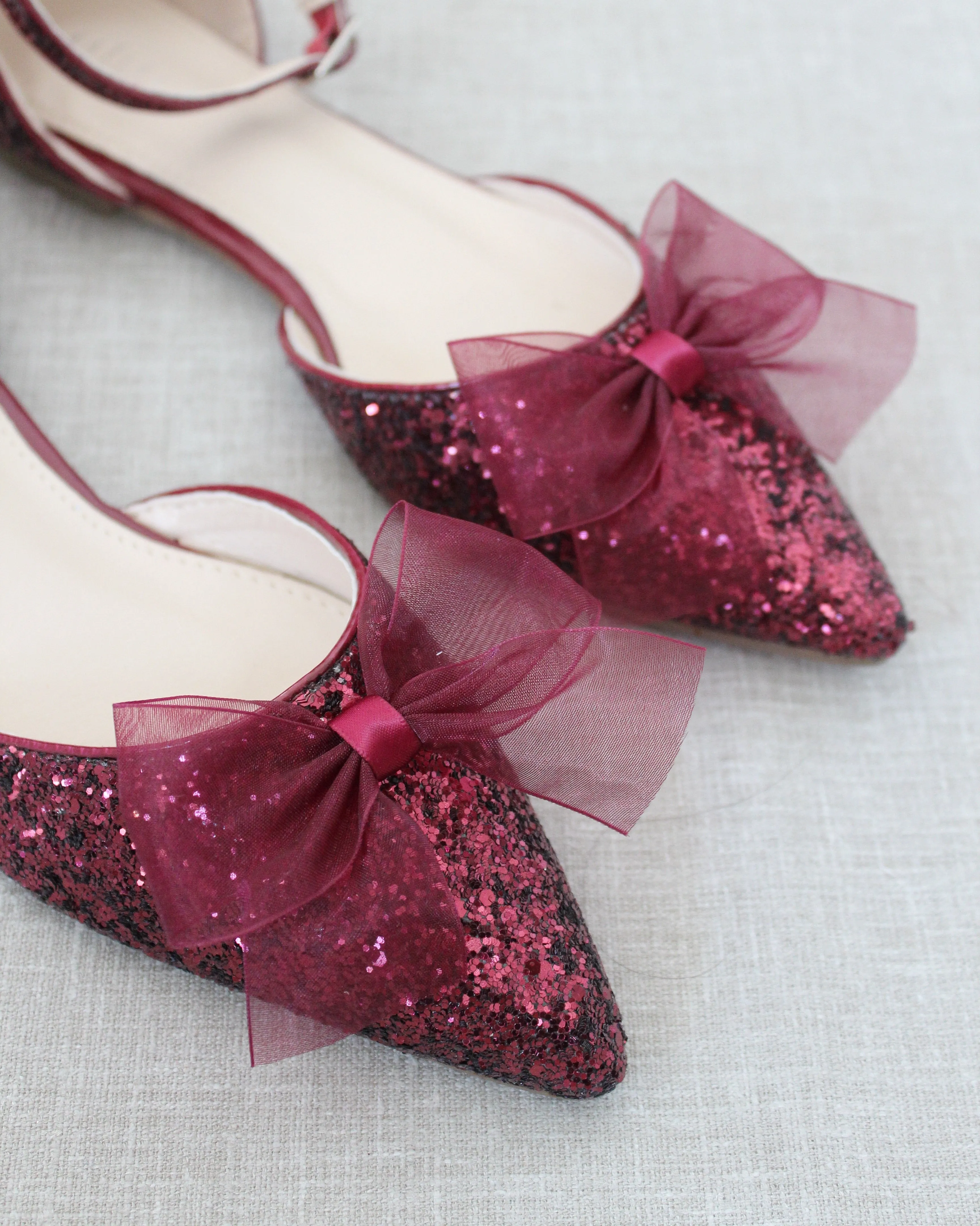 Rock Glitter Pointy Toe Flats with Organza Bow