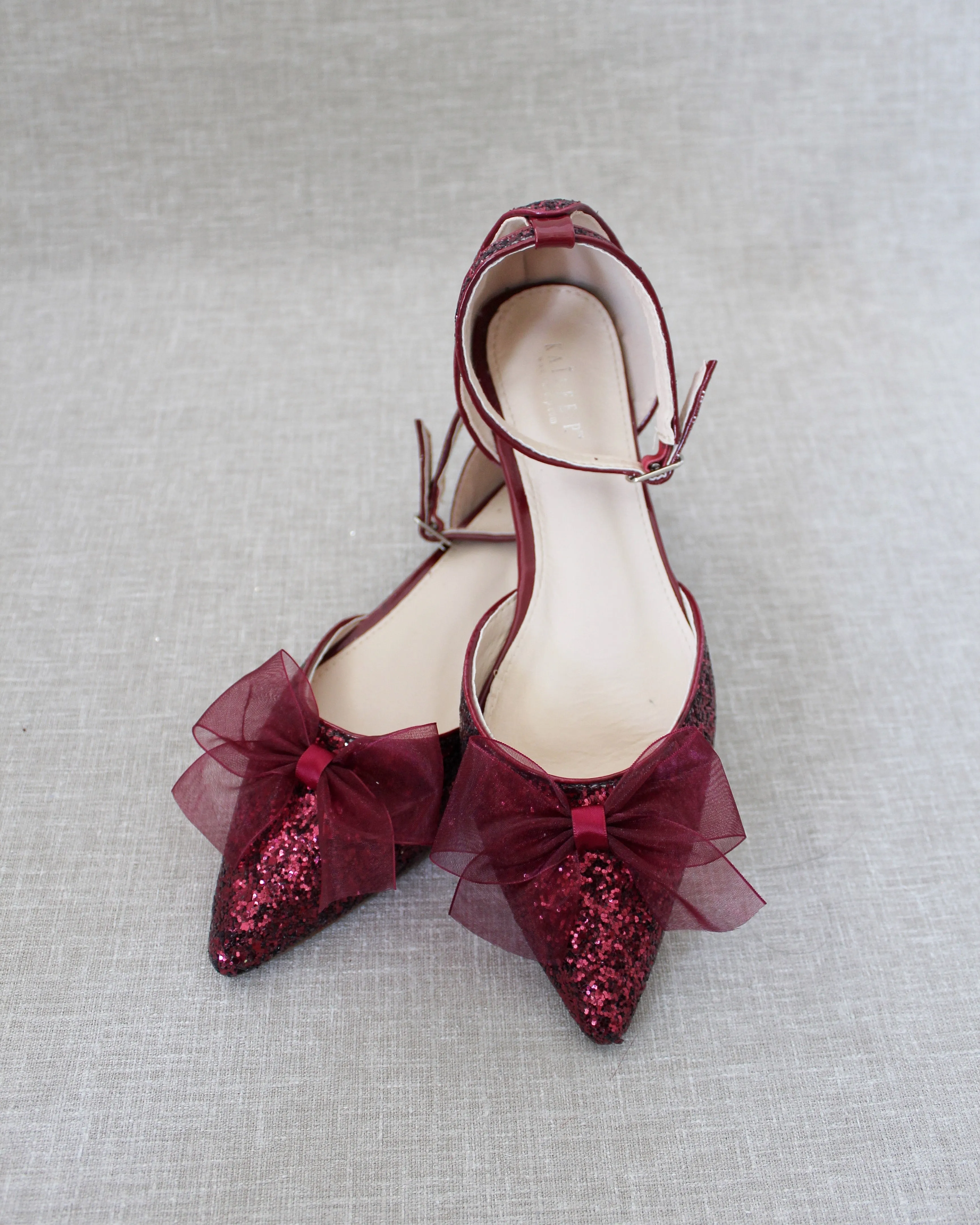 Rock Glitter Pointy Toe Flats with Organza Bow