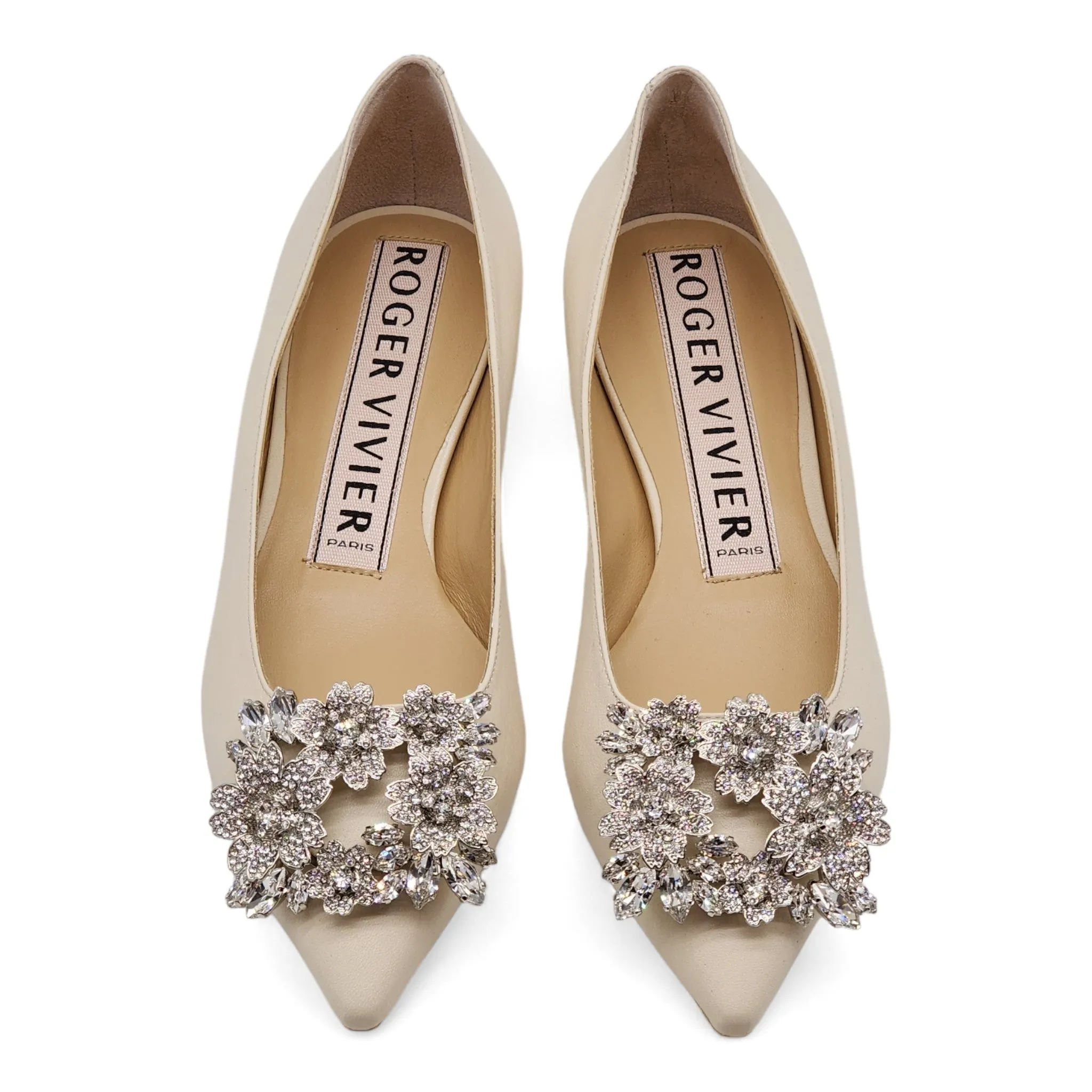 Roger Vivier Flower Strass Leather Ballet Flats - Leather - Ivory