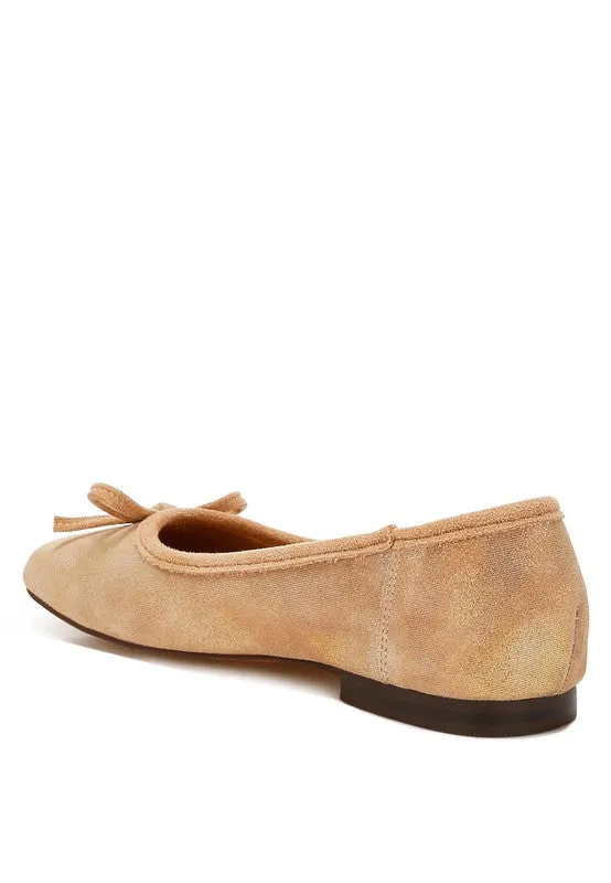 Rubyrose Suede Bow Embellished Square Toe Beige Ballerinas