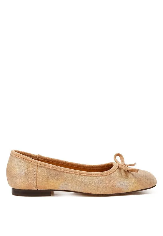 Rubyrose Suede Bow Embellished Square Toe Beige Ballerinas
