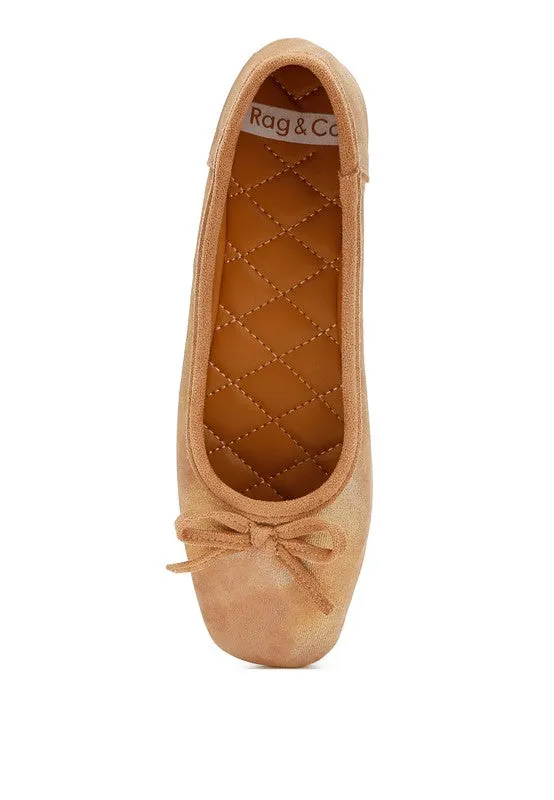 Rubyrose Suede Bow Embellished Square Toe Beige Ballerinas