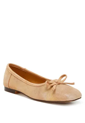 Rubyrose Suede Bow Embellished Square Toe Beige Ballerinas