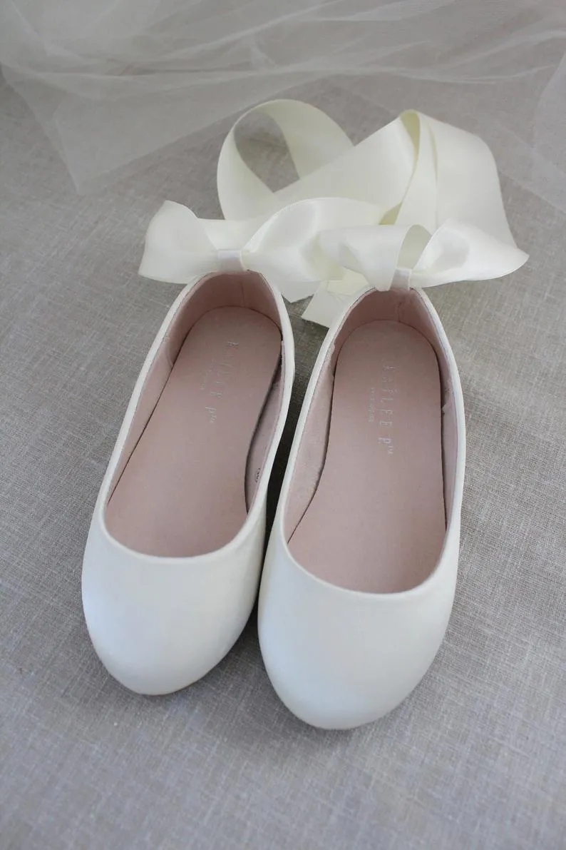 Satin Ballet Flats with Ankle Tie or Ballerina Lace Up