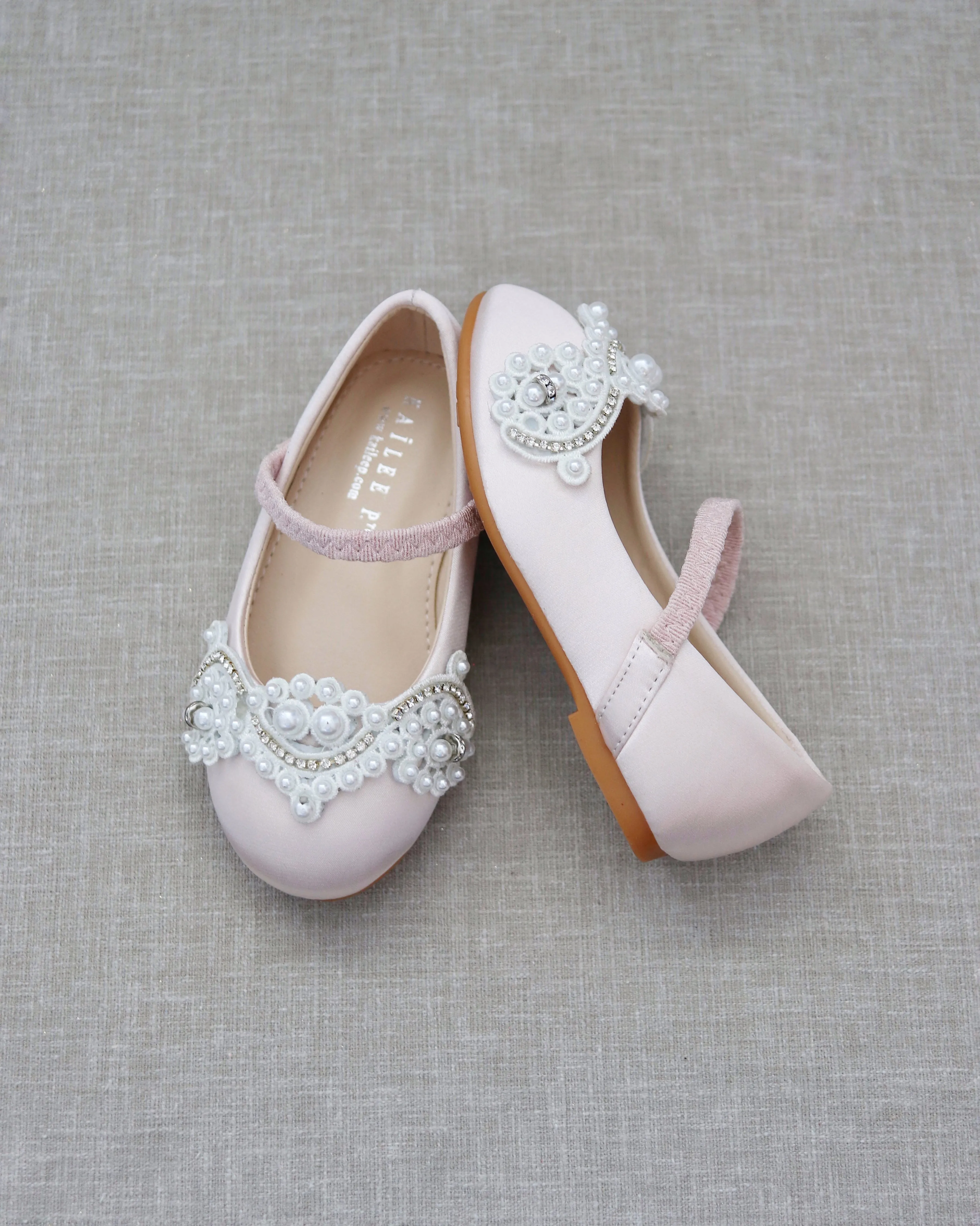 Satin Mary Jane Flats with Small Pearls Applique