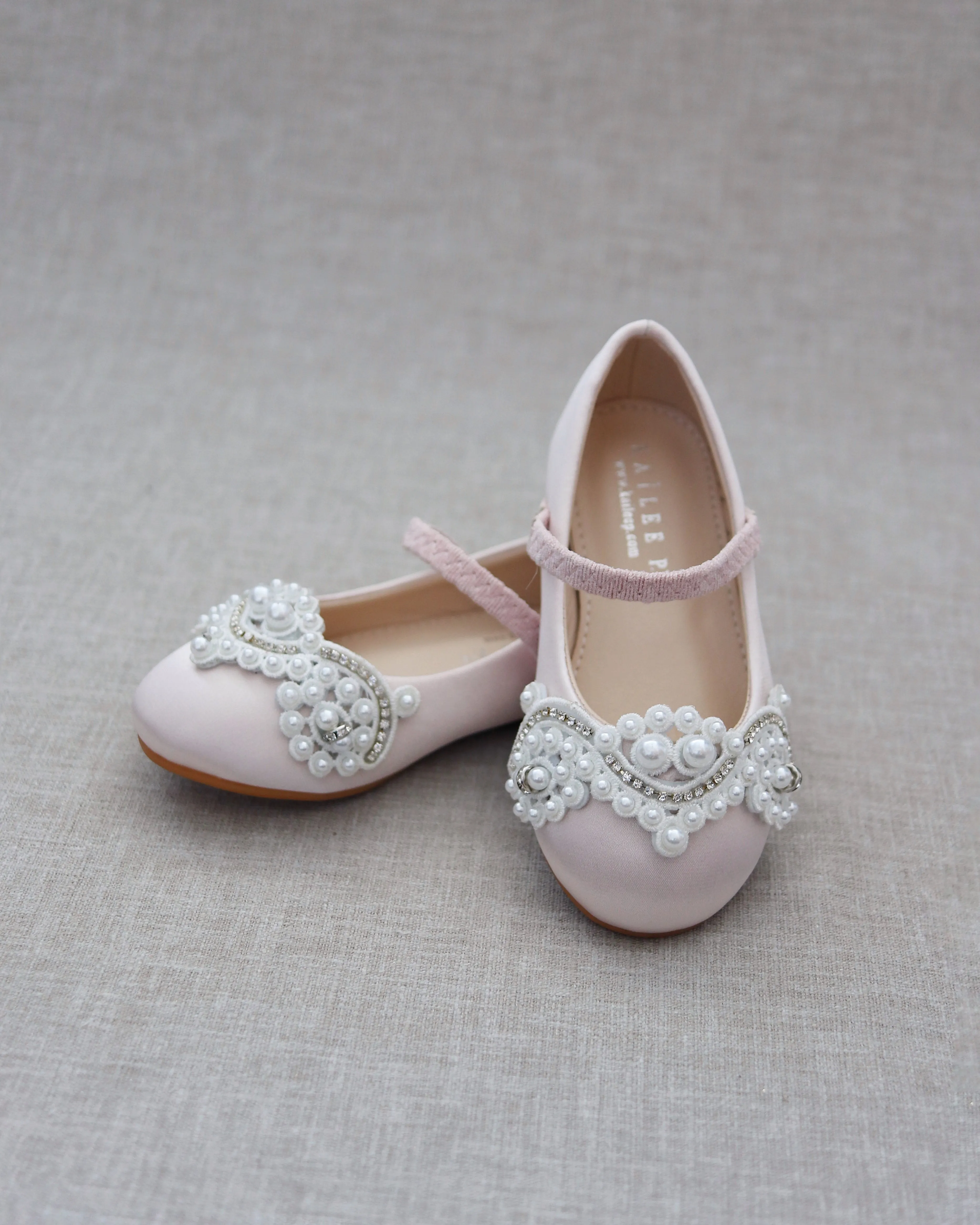 Satin Mary Jane Flats with Small Pearls Applique