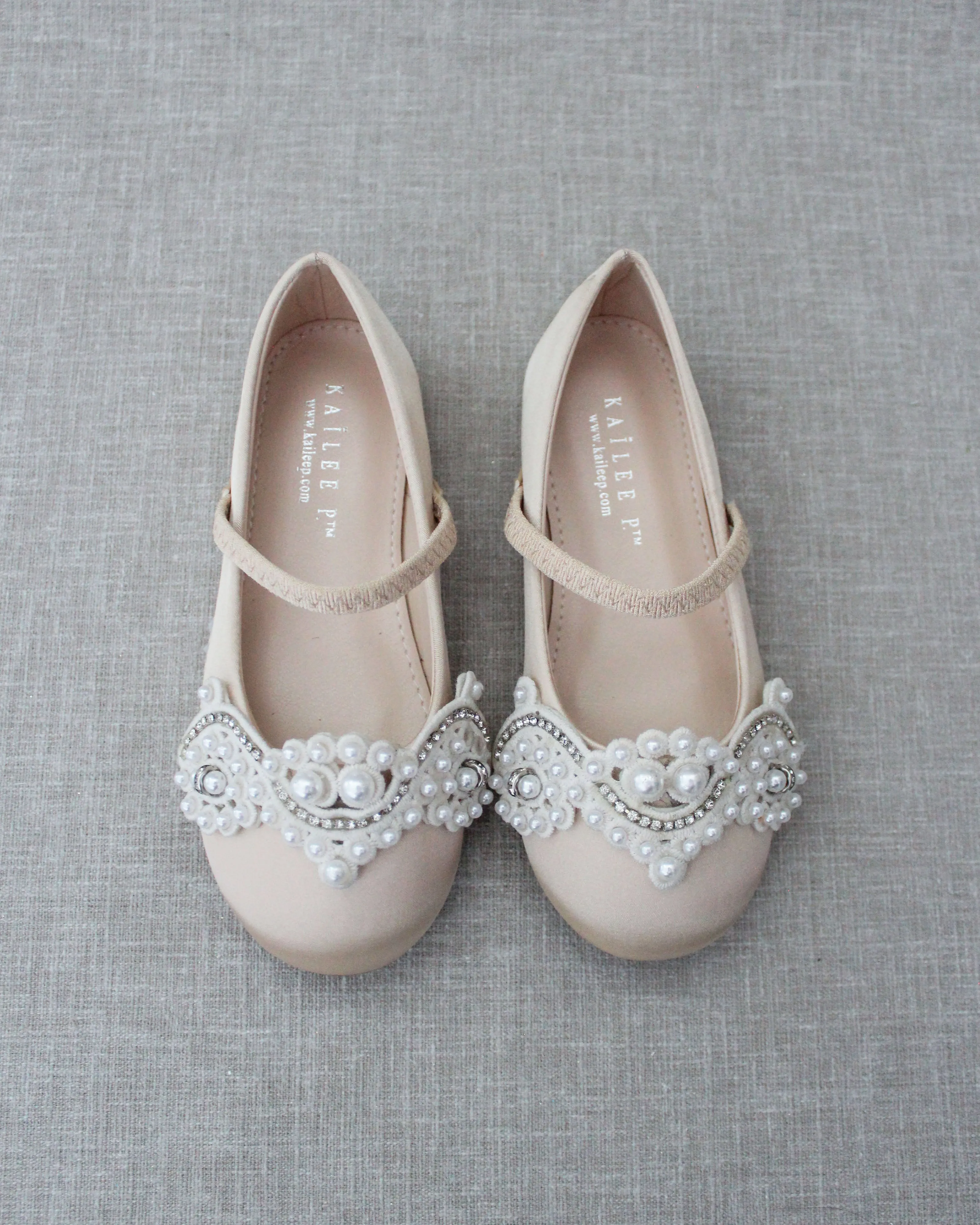 Satin Mary Jane Flats with Small Pearls Applique