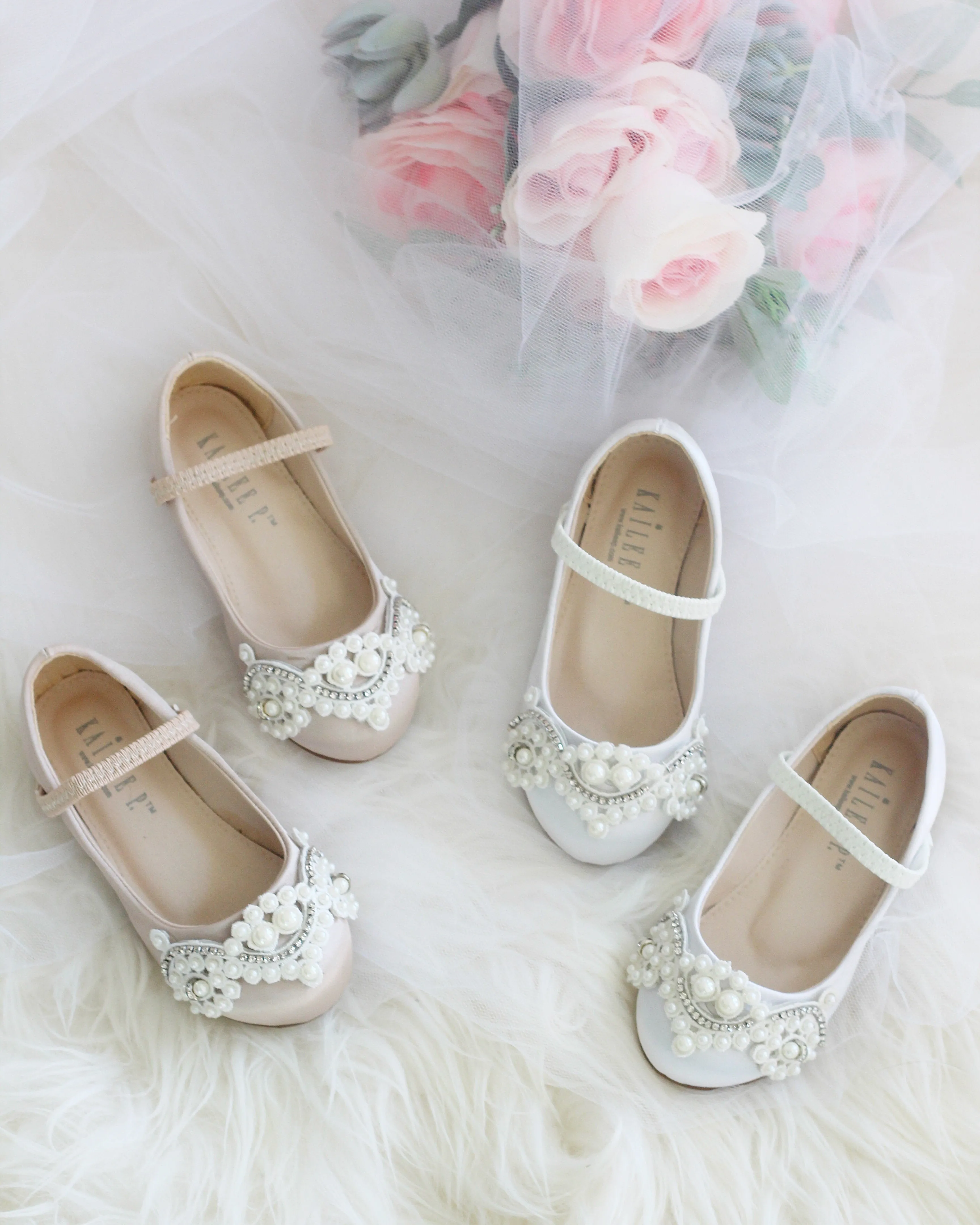 Satin Mary Jane Flats with Small Pearls Applique