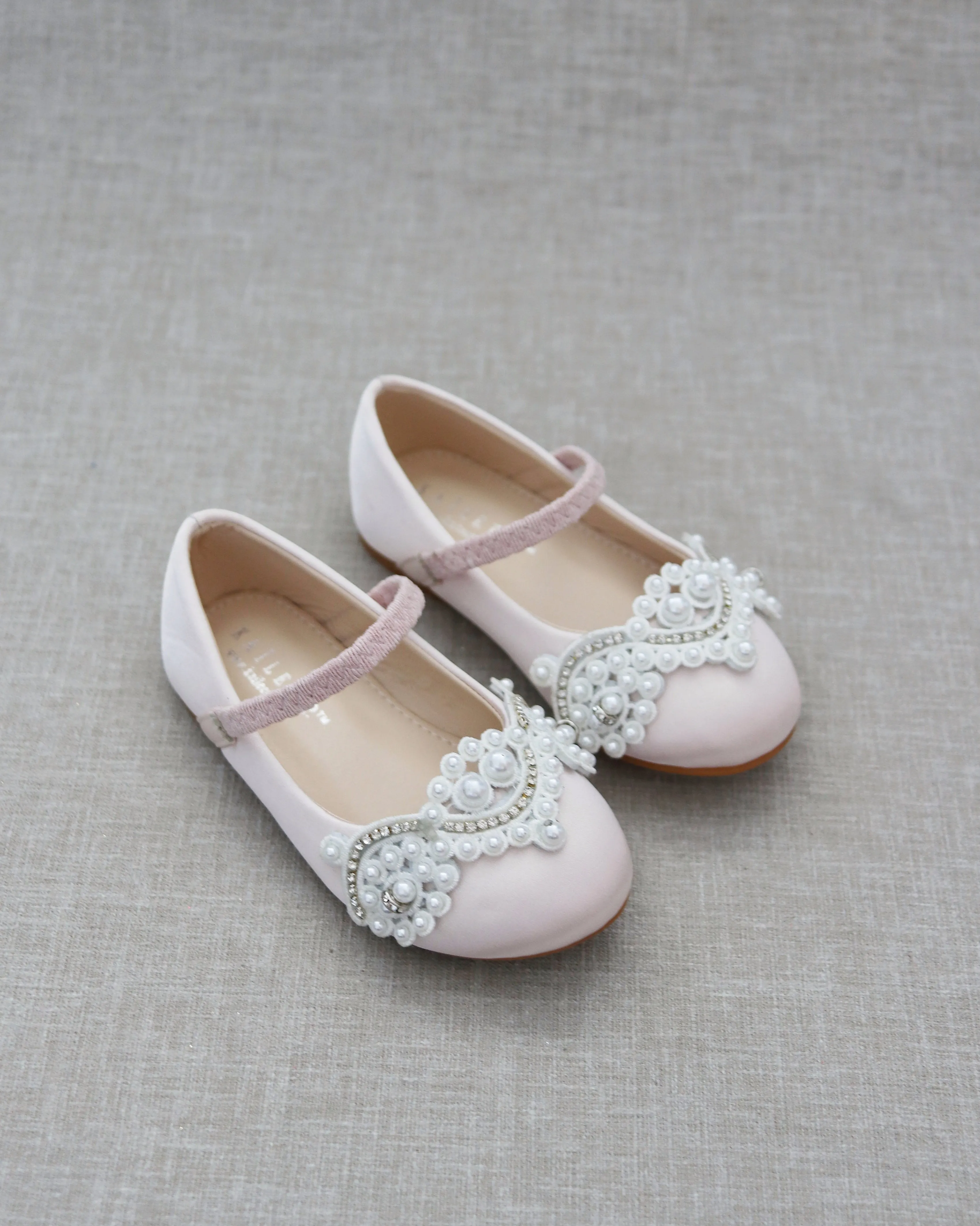 Satin Mary Jane Flats with Small Pearls Applique