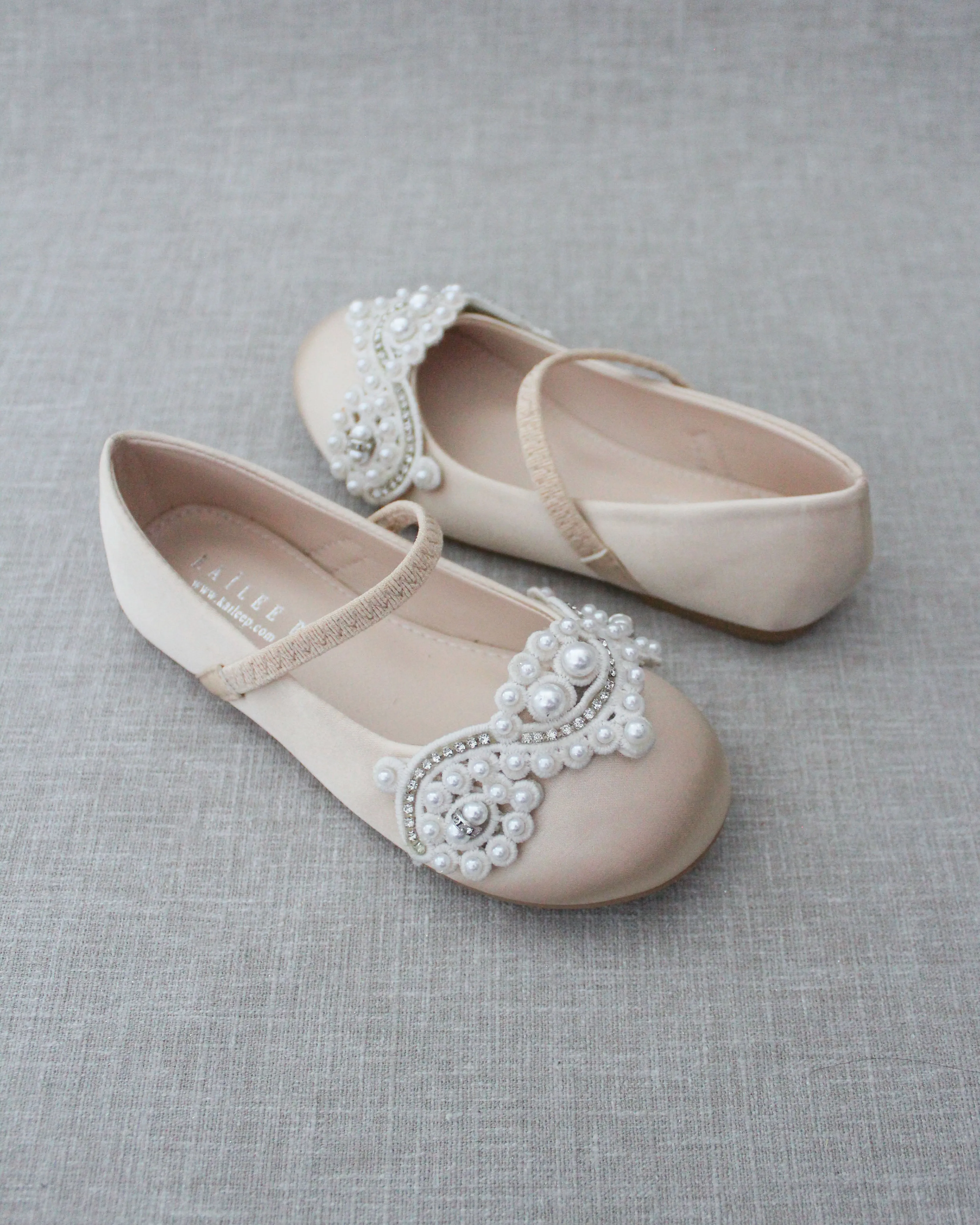Satin Mary Jane Flats with Small Pearls Applique