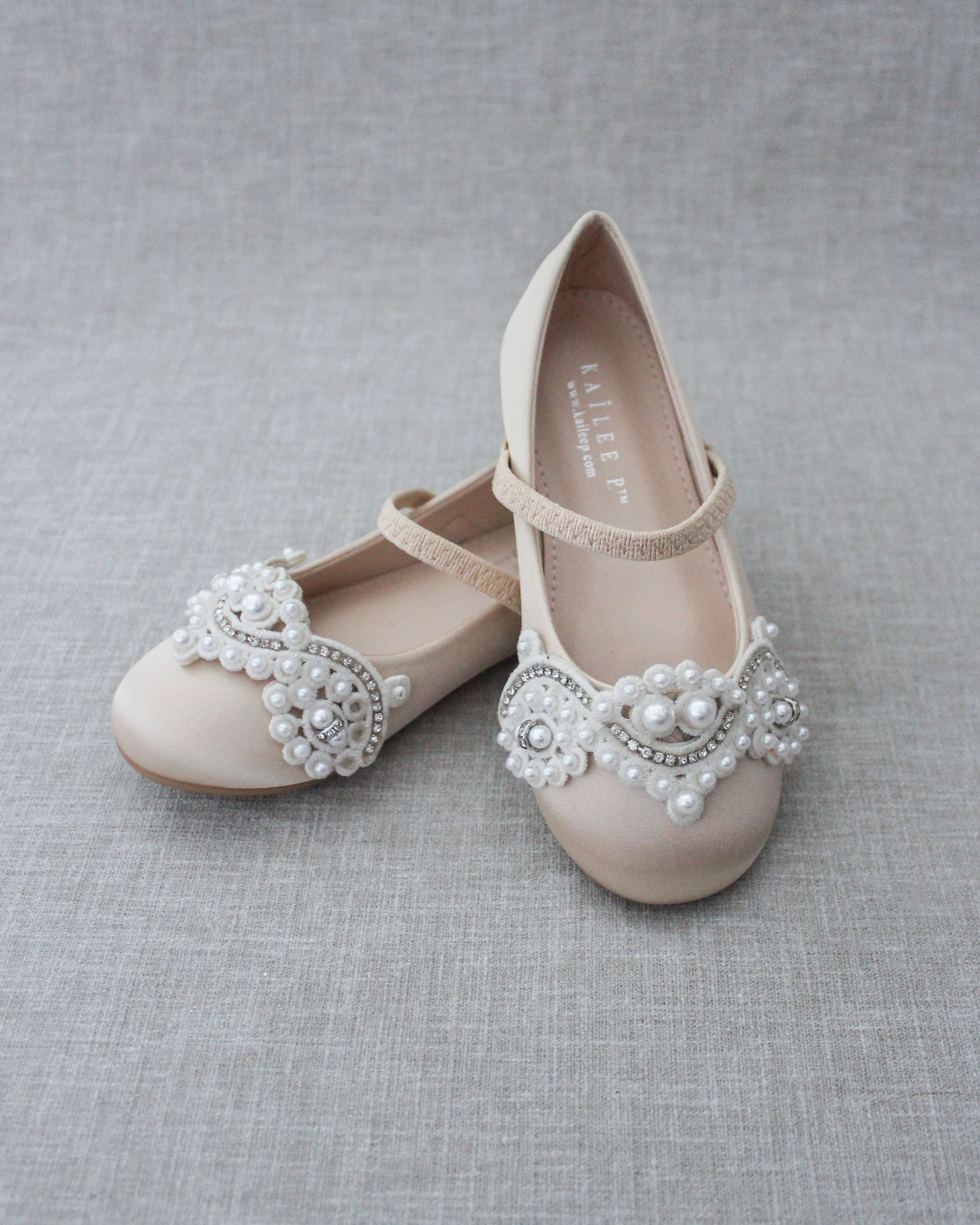 Satin Mary Jane Flats with Small Pearls Applique