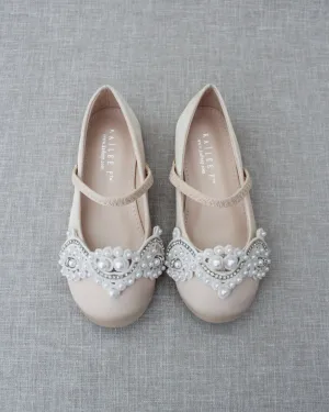 Satin Mary Jane Flats with Small Pearls Applique