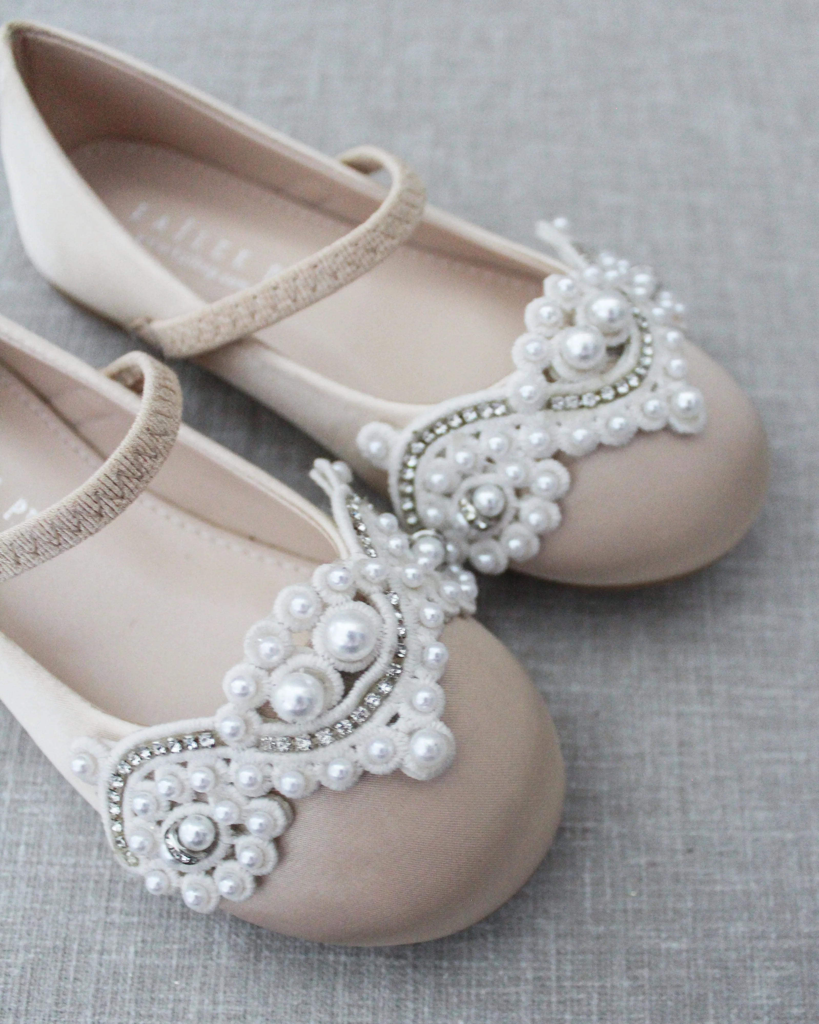 Satin Mary Jane Flats with Small Pearls Applique