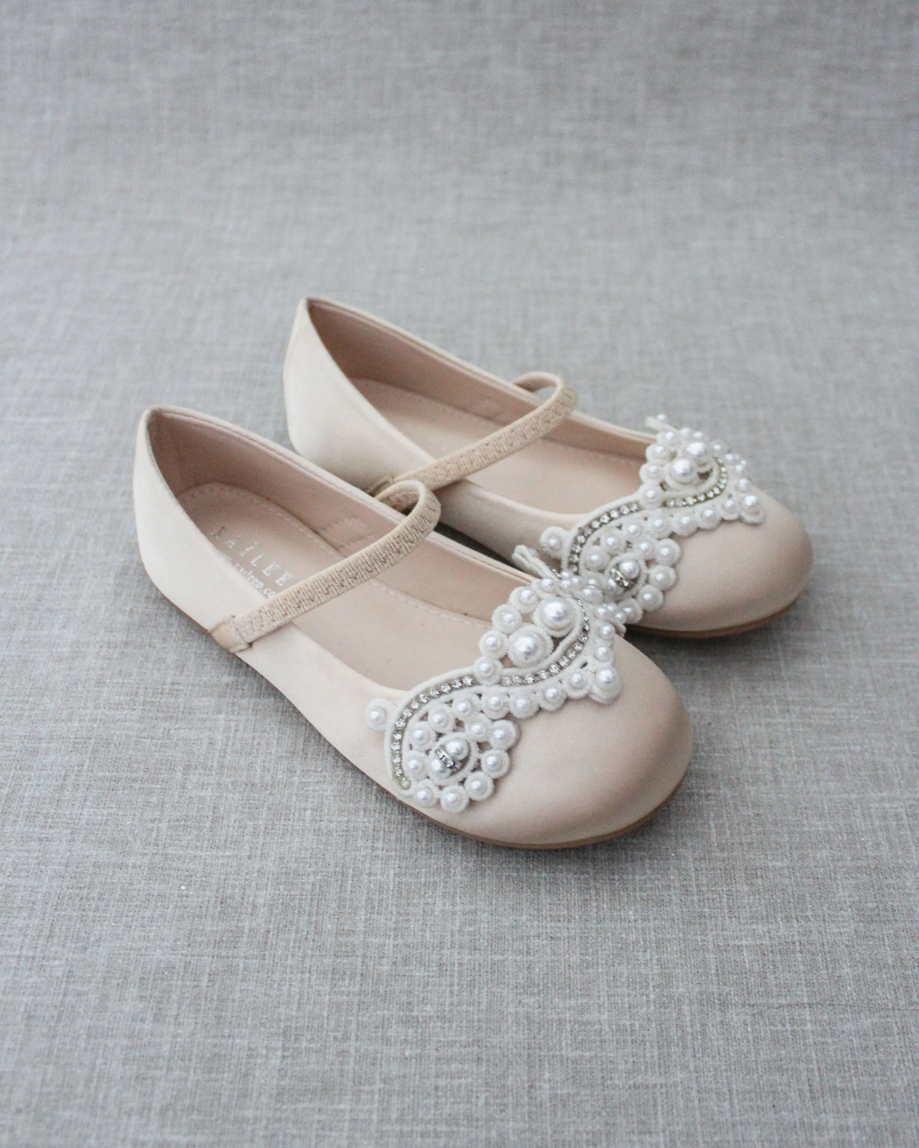 Satin Mary Jane Flats with Small Pearls Applique