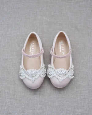 Satin Mary Jane Flats with Small Pearls Applique