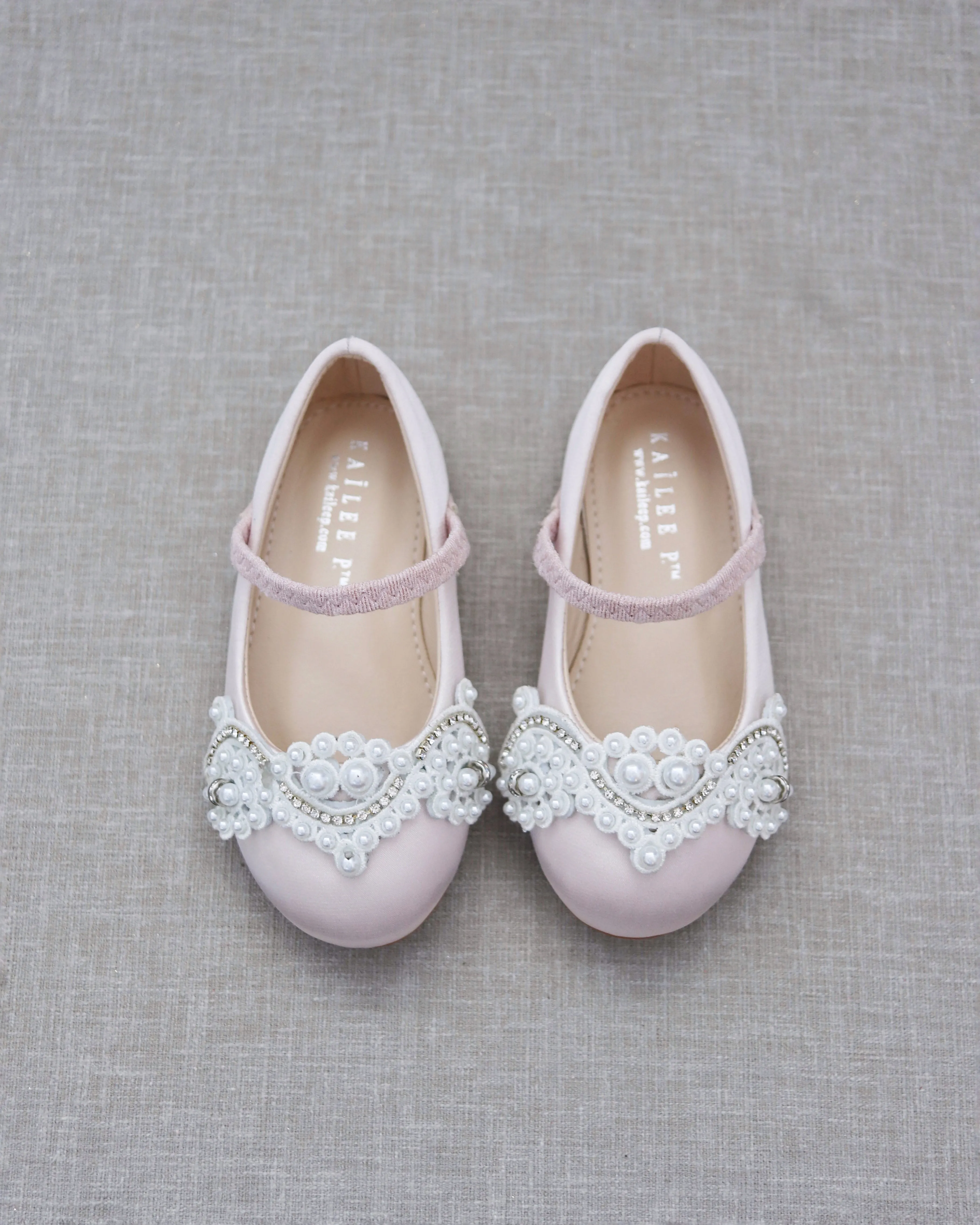 Satin Mary Jane Flats with Small Pearls Applique