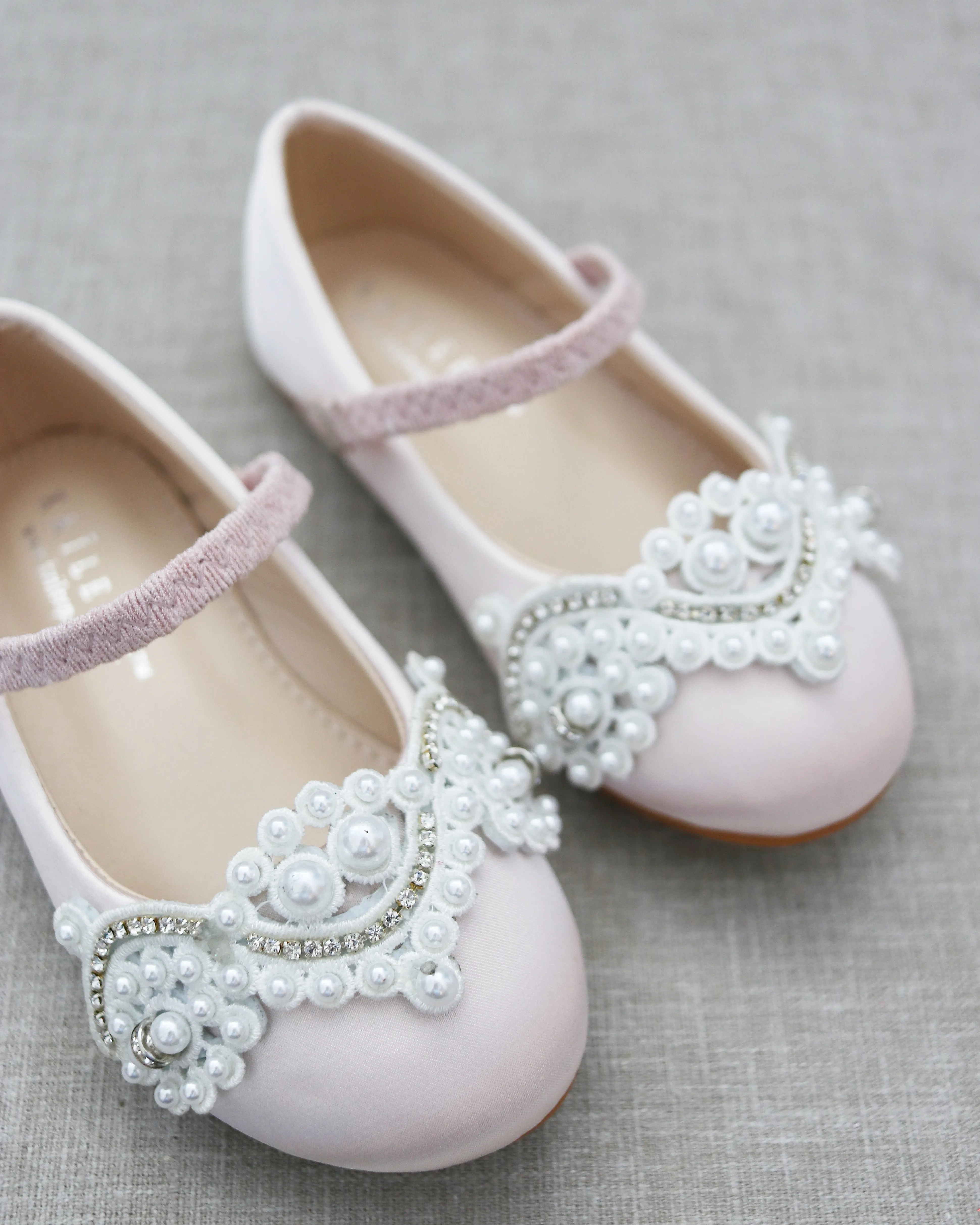 Satin Mary Jane Flats with Small Pearls Applique