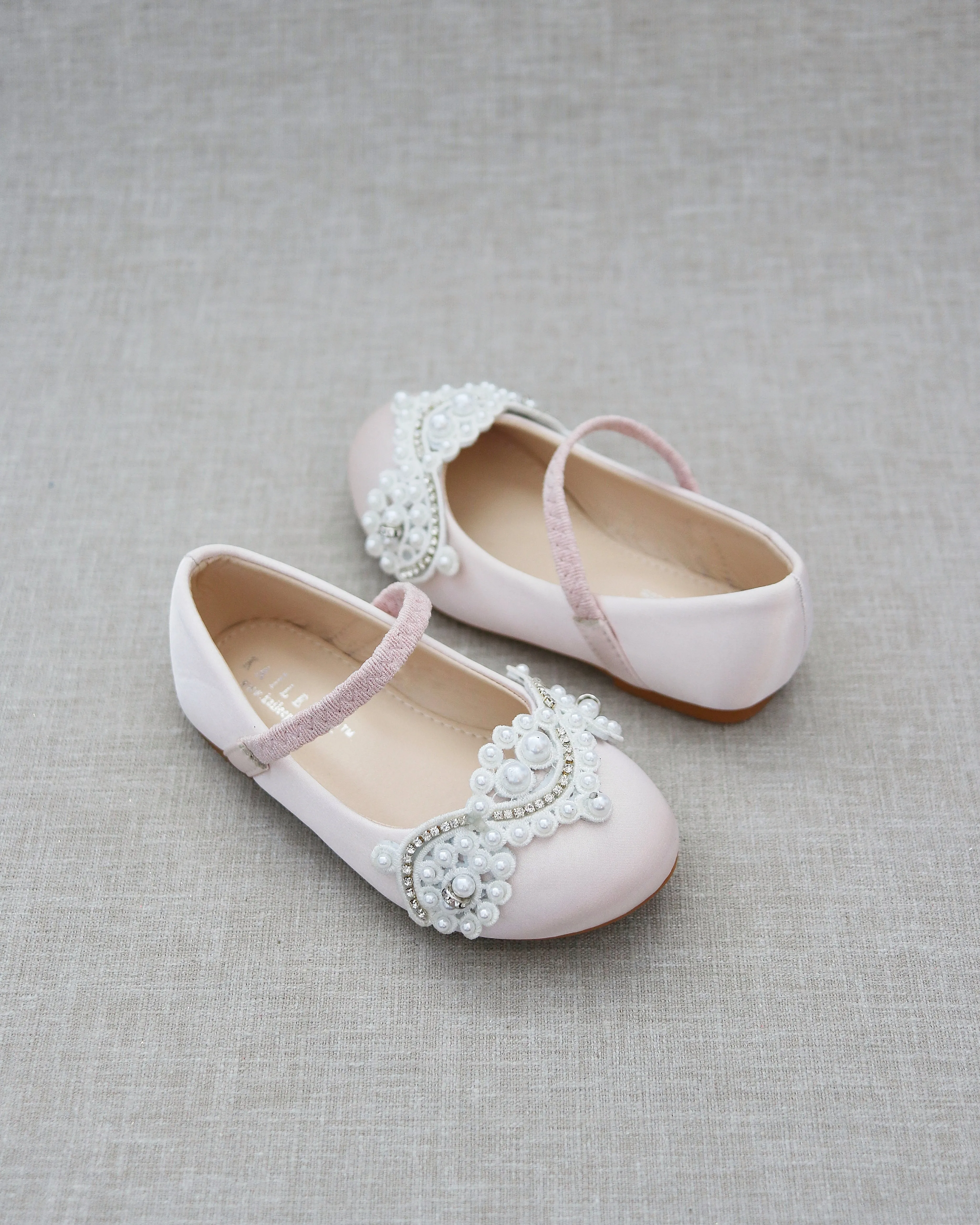 Satin Mary Jane Flats with Small Pearls Applique