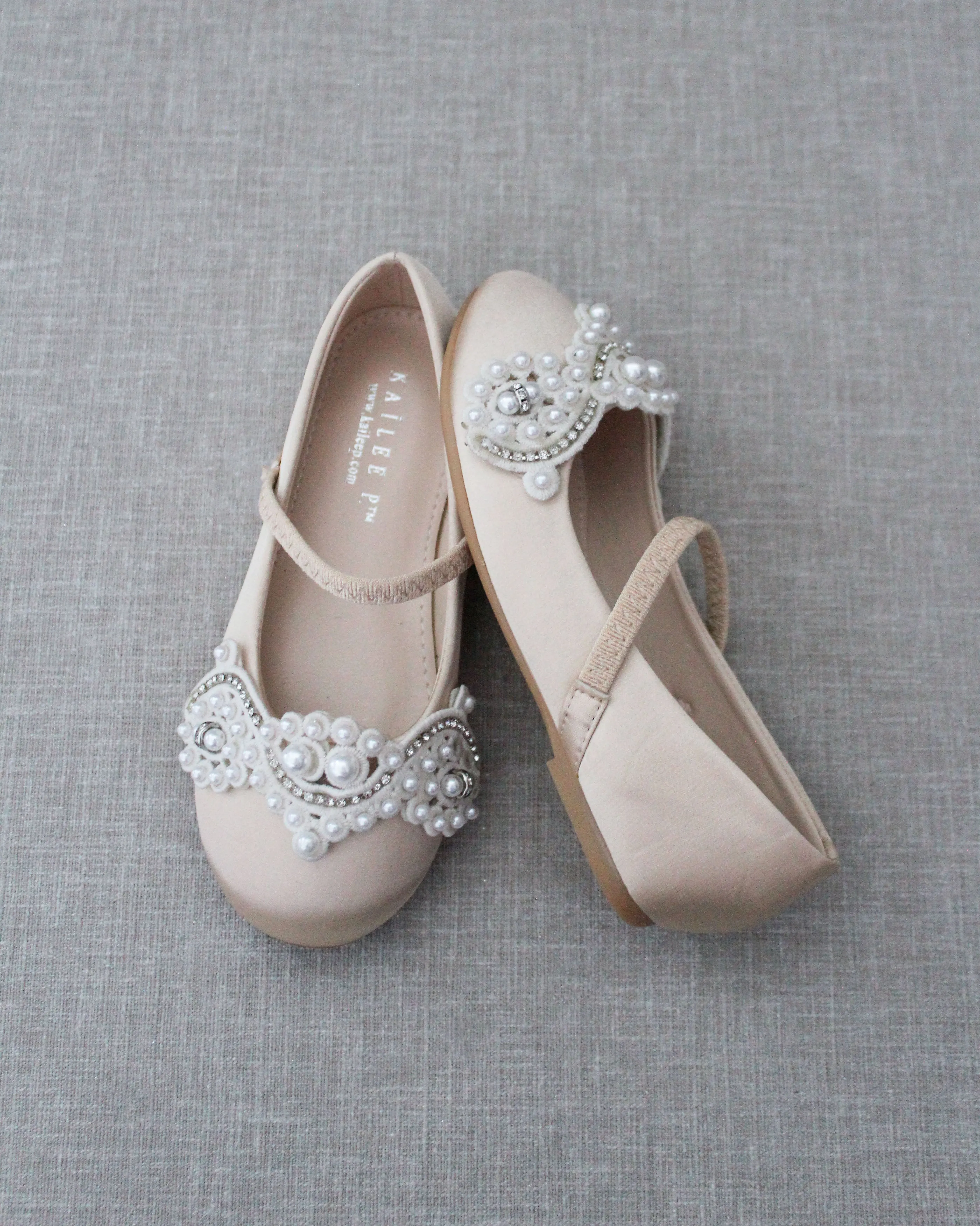 Satin Mary Jane Flats with Small Pearls Applique