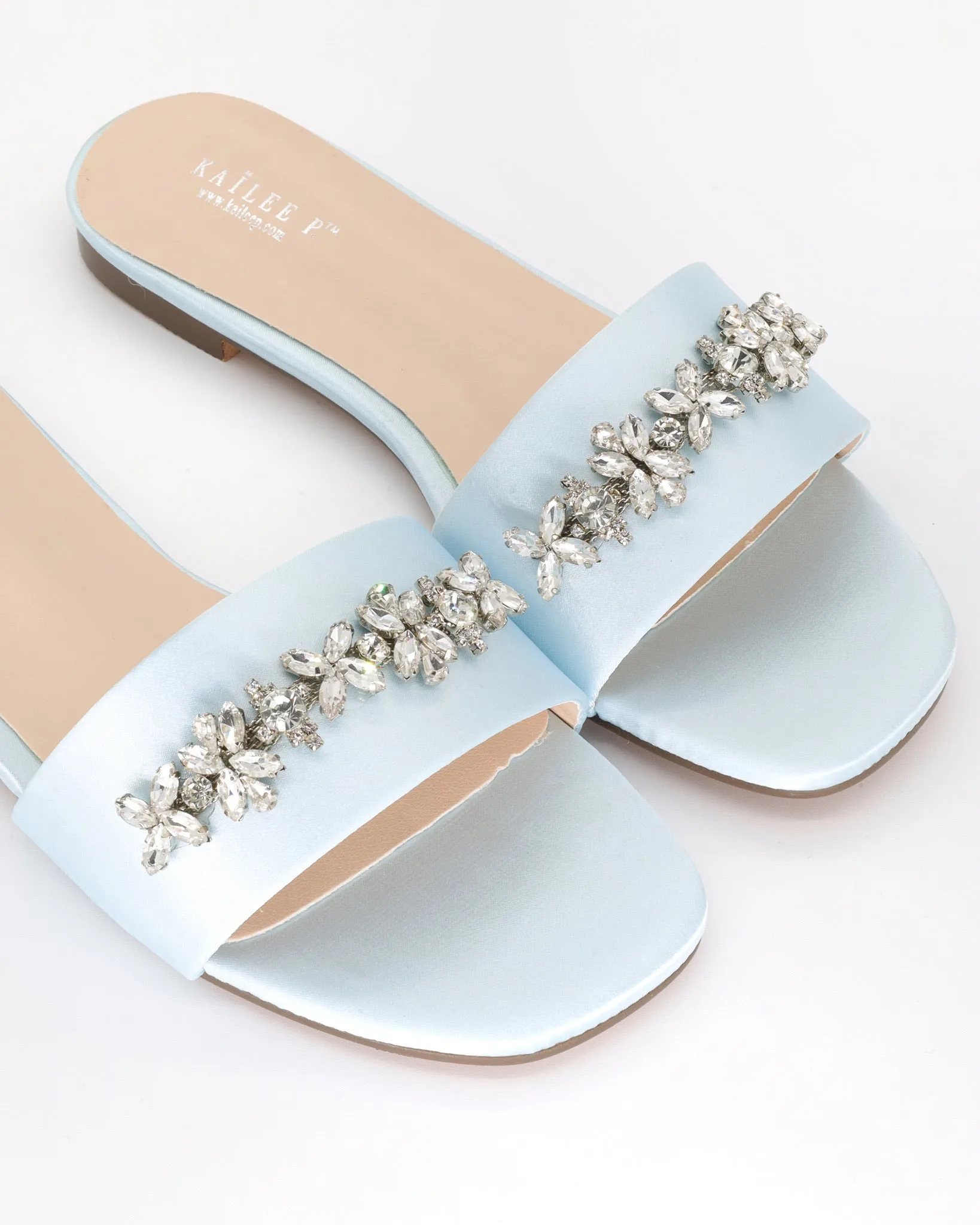 Satin Slip on Sandals with with Floral Rhinestones