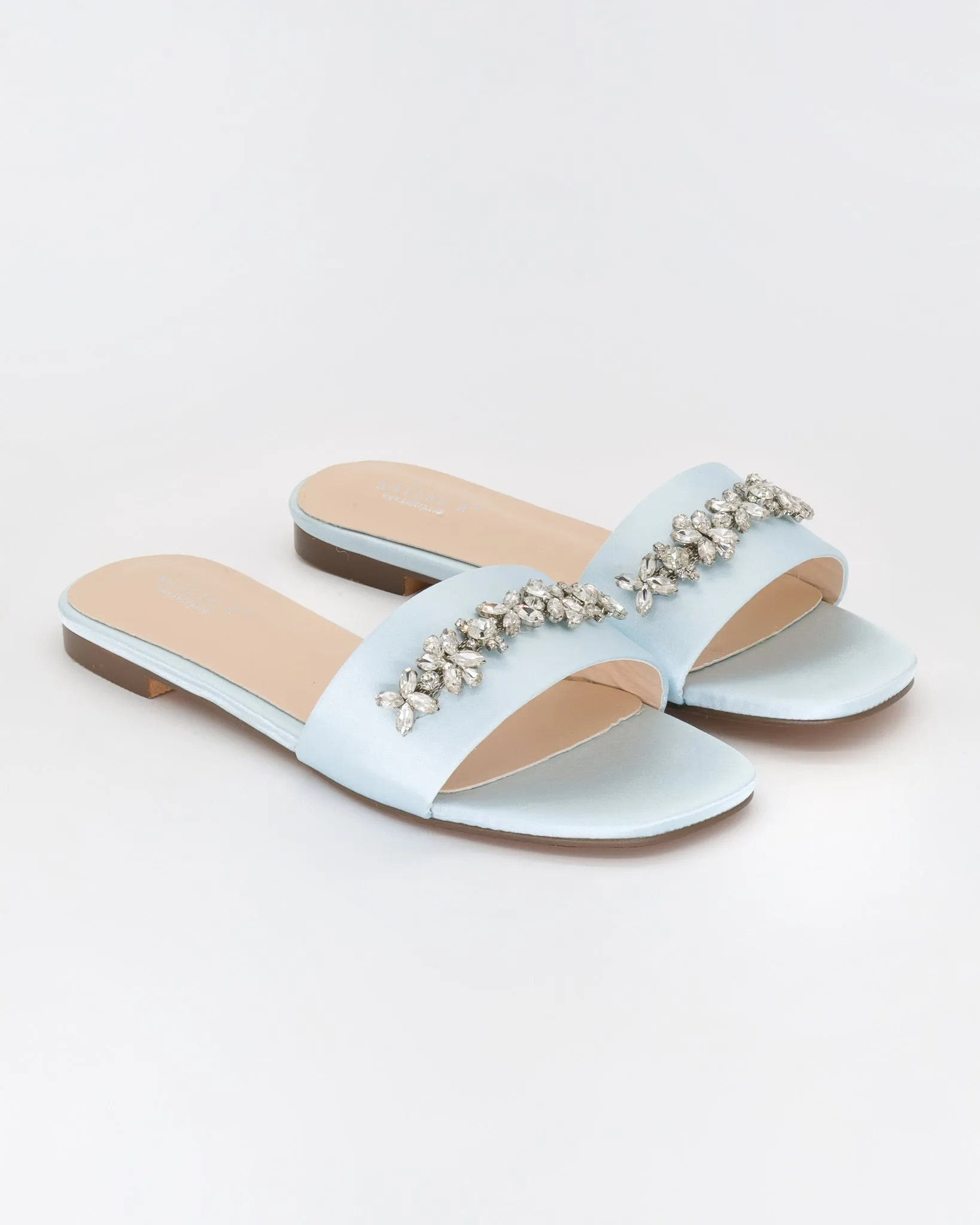 Satin Slip on Sandals with with Floral Rhinestones