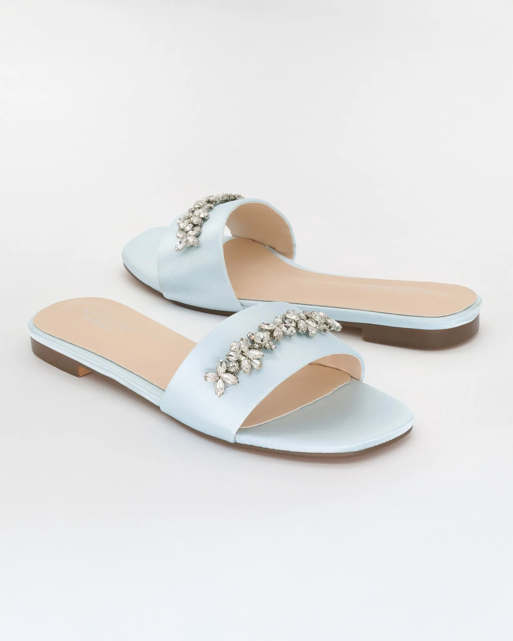 Satin Slip on Sandals with with Floral Rhinestones